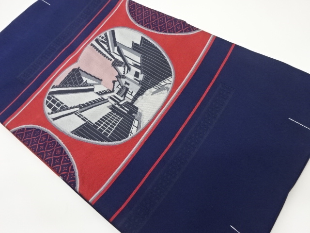 未使用品　風景に横段模様織出し名古屋帯